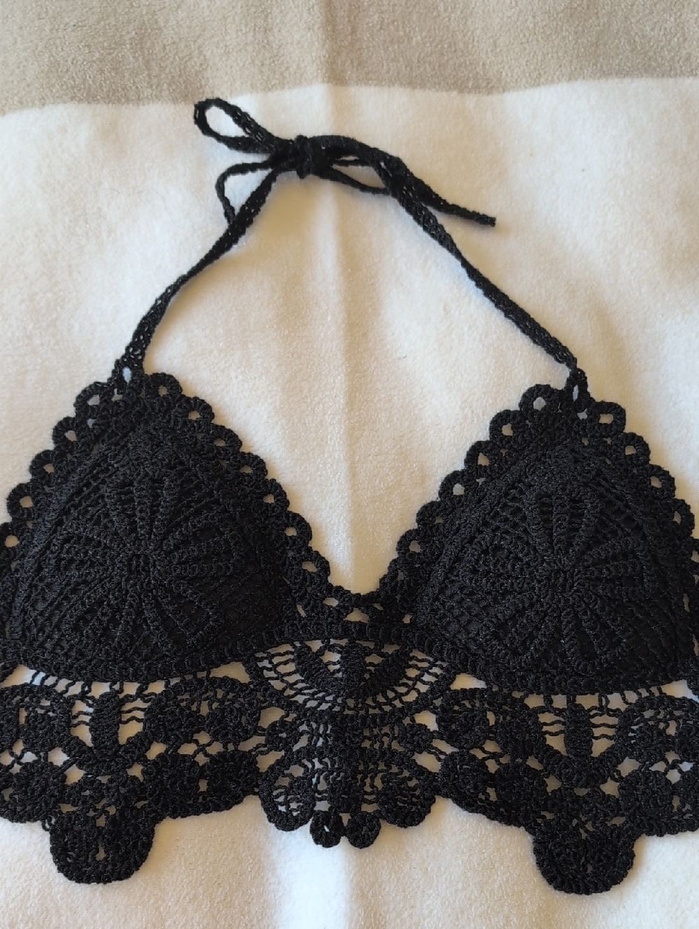 Black Crochet Lace Bralette Halter Top With Adjustable Ties